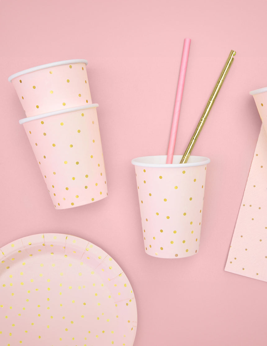 6 Gobelets en carton rose pâle et pois dorés 260 ml