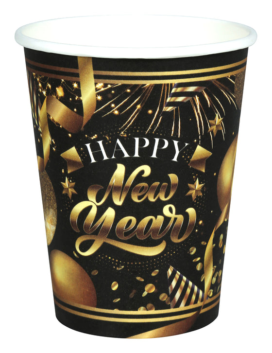 6 Gobelets en carton Happy new year noir et or 240 ml