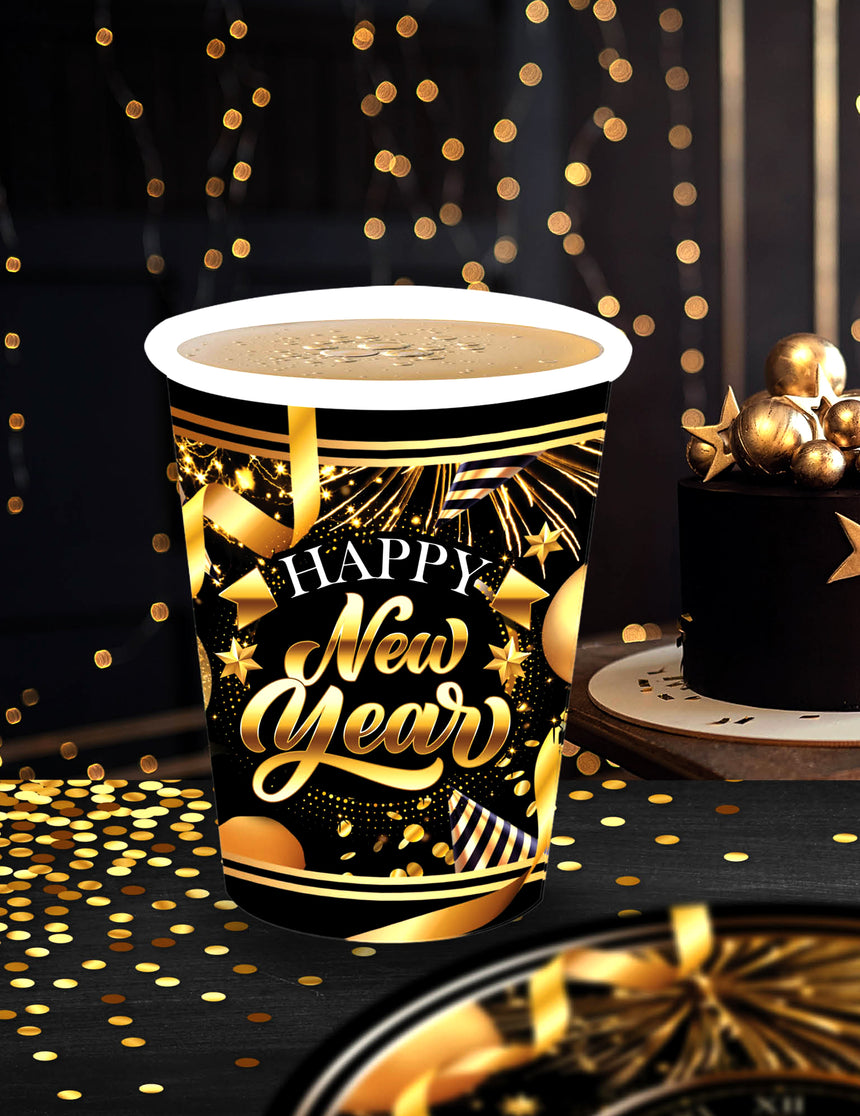 6 Gobelets en carton Happy new year noir et or 240 ml