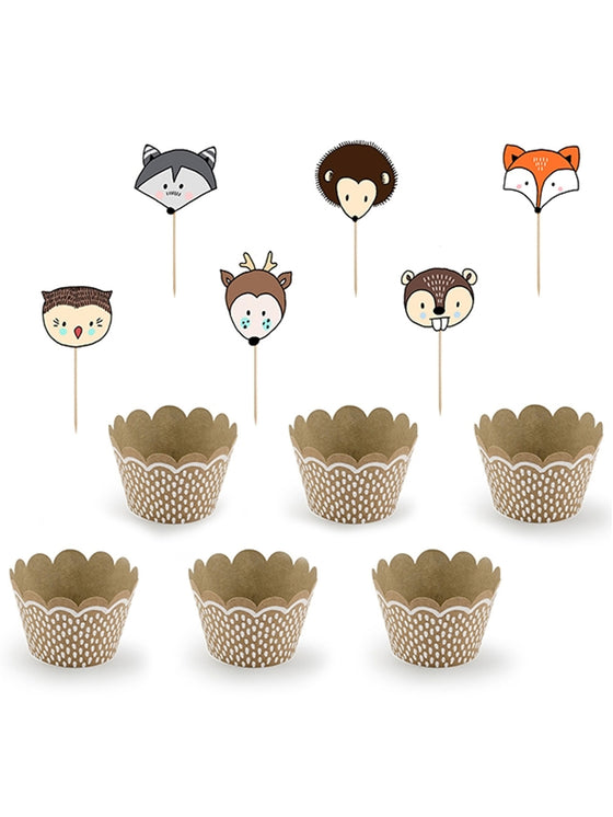 6 moules à cupcake en kraft et pics en bois animaux forêt