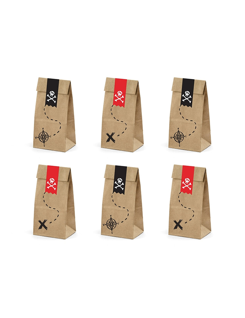 6 Sacs cadeaux en papier kraft fête de pirate 8 x 18 x 6 cm
