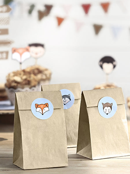 6 sacs en papier kraft et stickers animaux de la forêt