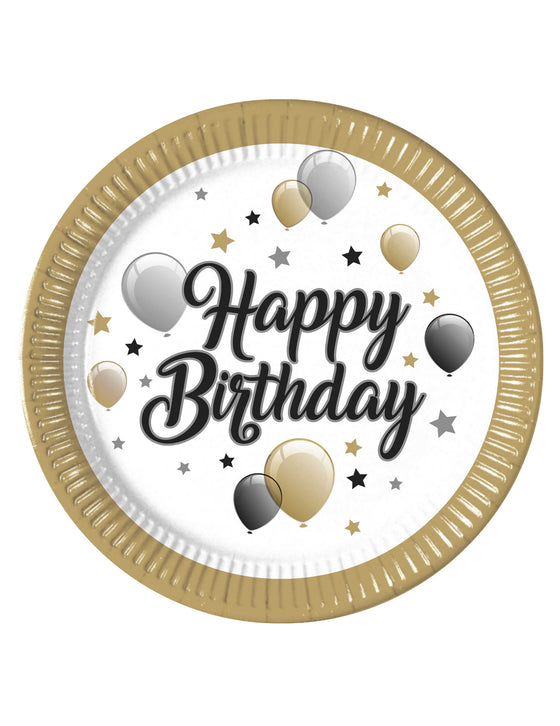 8 Assiettes en carton happy birthday doré noir argent 23 cm