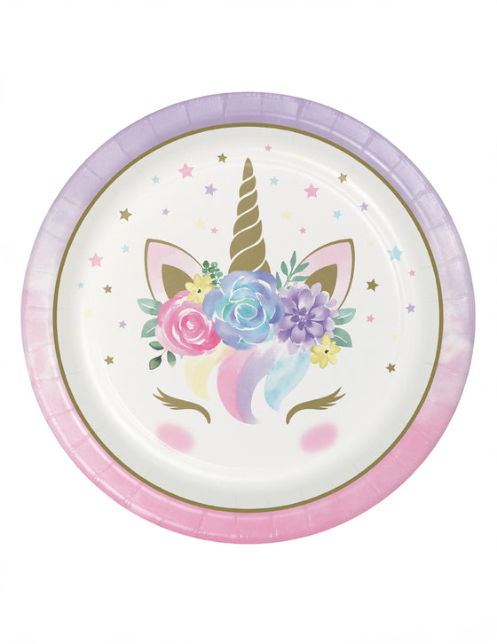 8 Assiettes en carton licorne féerique blanches 23 cm