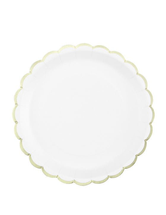 8 Assiettes en carton festonnées blanches et or 23cm