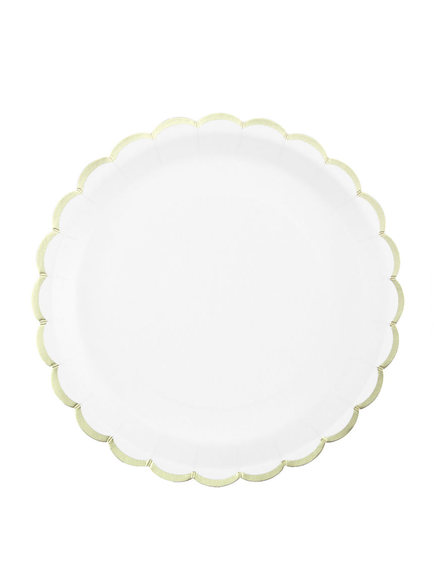 8 Assiettes en carton festonnées blanches et or 23cm