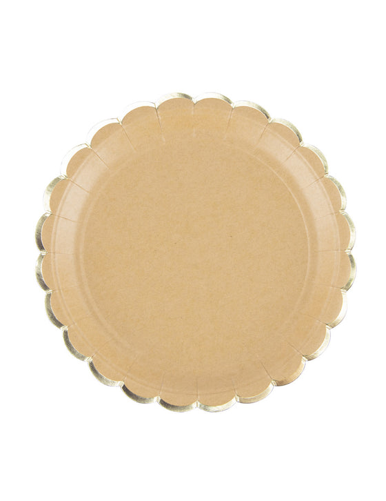 8 Assiettes en carton festonnées kraft et or 23cm