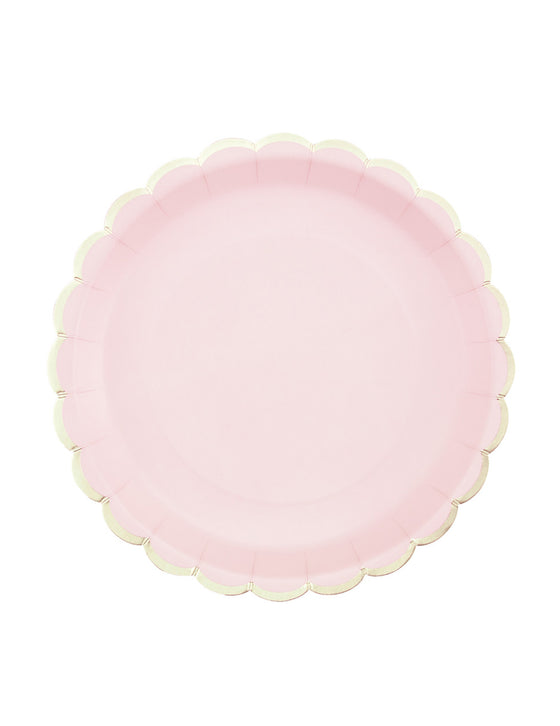 8 Assiettes en carton festonnées rose pastel et or 23cm