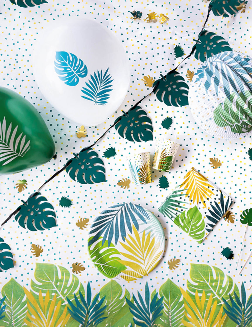8 assiettes rondes en carton tropical chic 23 cm feuilles dorées