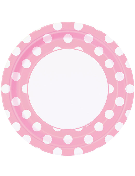 8 Assiettes rose clair à pois blancs en carton 22 cm