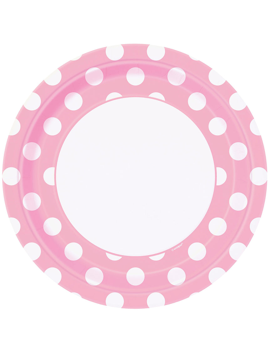 8 Assiettes rose clair à pois blancs en carton 22 cm