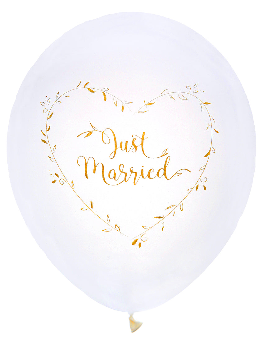 8 ballons en latex just married blancs et dorés 23 cm c?ur végétal