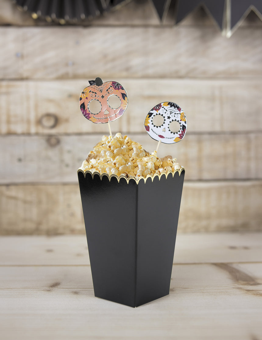 8 boîtes à pop-corn noires et or 12,5 x 7 cm festonnées