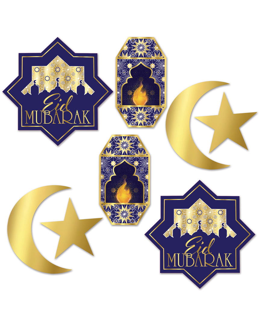 8 décorations en carton Aïd Mubarak bleues et or, lunes et lanternes