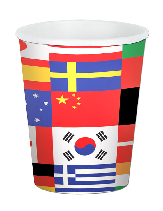 8 Gobelets en carton drapeaux pays du monde 255 ml