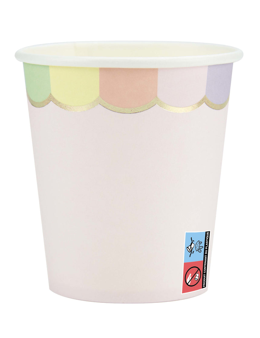 8 gobelets en carton festonnés rose pastel 200 ml bords arc-en-ciel