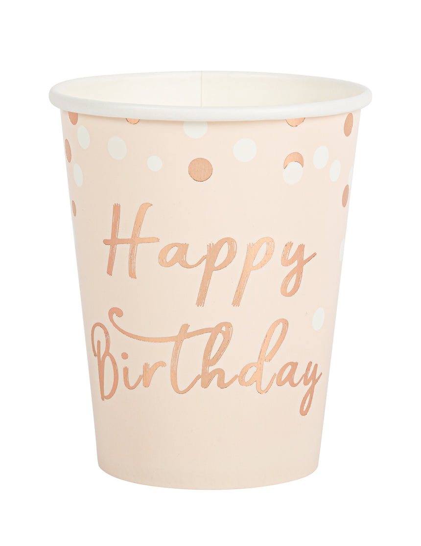 8 Gobelets en carton Happy Birthday confettis rose gold 255 ml