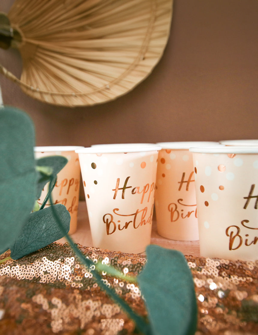 8 Gobelets en carton Happy Birthday confettis rose gold 255 ml