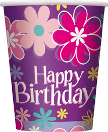 8 Gobelets en carton happy birthday violets fleuris