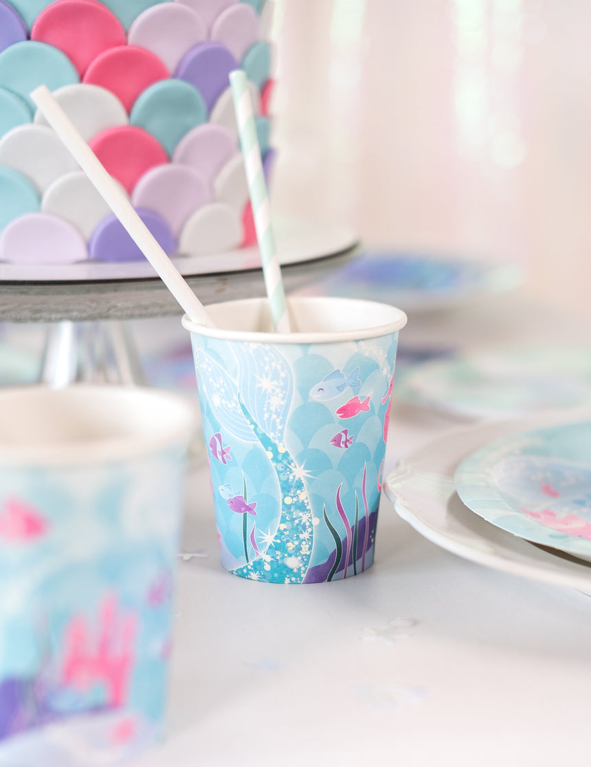 8 gobelets en carton jolie sirène 270 ml pour anniversaire