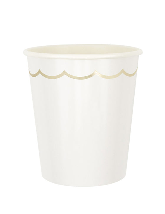 8 Gobelets en carton festonnés blancs et or 200ml