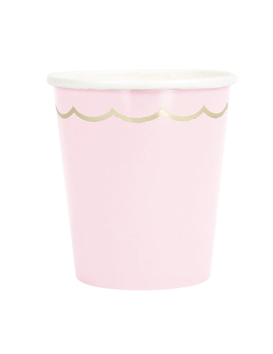 8 Gobelets festonnés en carton rose pastel et or 200ml