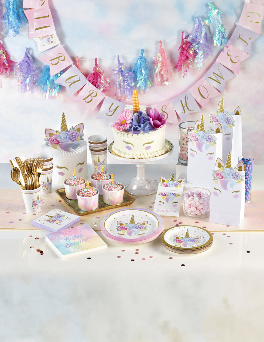 8 Petites assiettes en carton licorne féerique blanches 18 cm