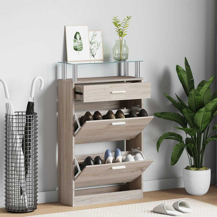 Schoenenkast Met Lade En Glazen Bovenschap -Look Eiken