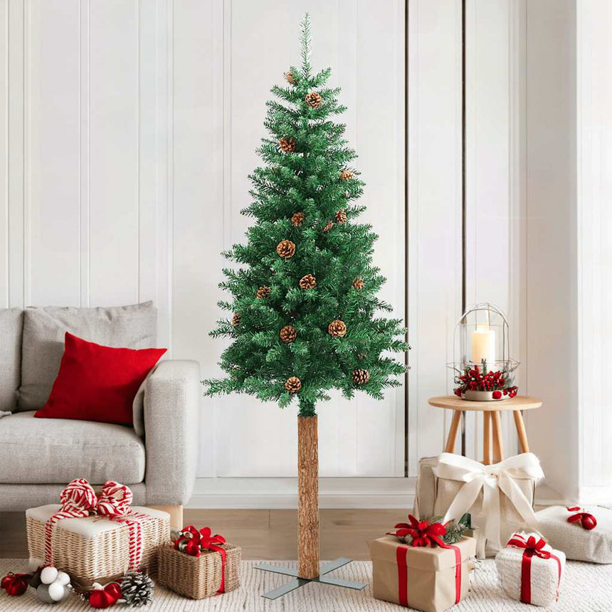 Kerstboom Met Echt Hout En Dennenappels Smal 210 Cm Pvc Groen