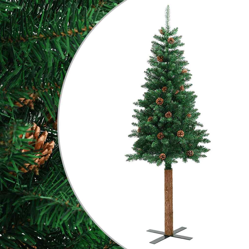 Kerstboom Met Echt Hout En Dennenappels Smal 210 Cm Pvc Groen