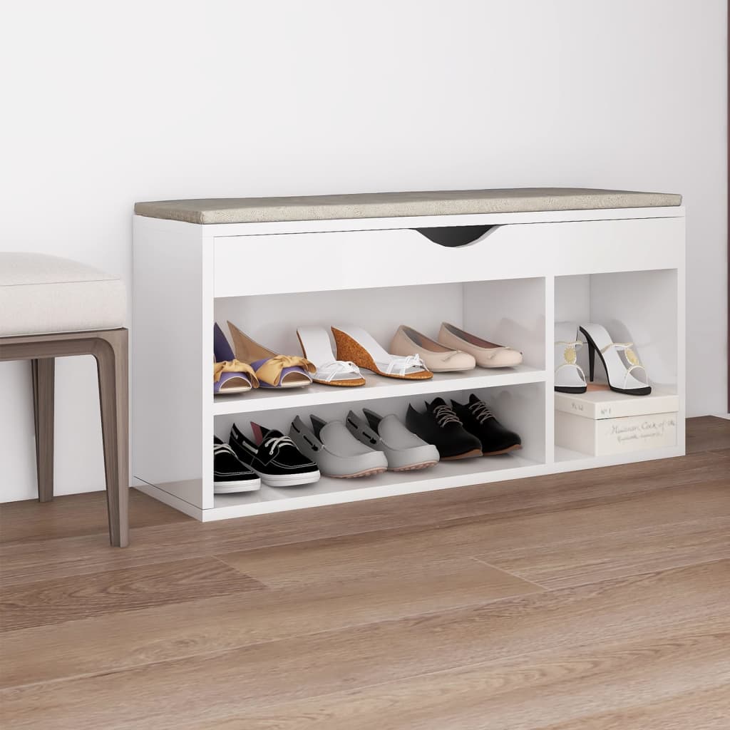 Schoenenbank Met Kussen 104X30X49 Cm Bewerkt Hout Hoogglans Wit