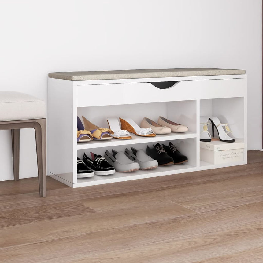 Schoenenbank Met Kussen 104X30X49 Cm Bewerkt Hout Hoogglans Wit