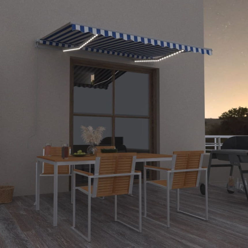 Luifel Handmatig Uittrekbaar Met Led 350X250 Cm Blauw En Wit