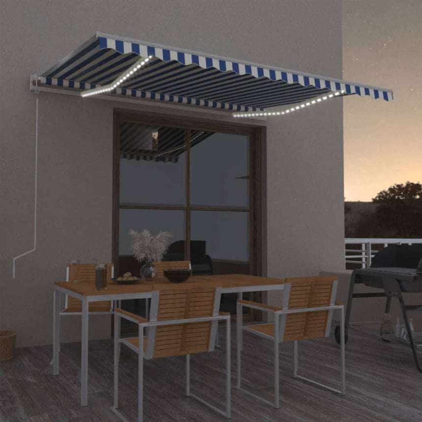Luifel Automatisch Met Led En Windsensor 400X300 Cm Blauw Wit Grijs Ruitpatroon