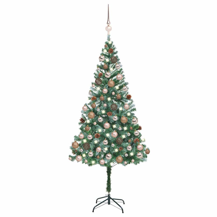 Kunstkerstboom Met Verlichting Kerstballen Dennenappels 180 Cm Wit En Grijs