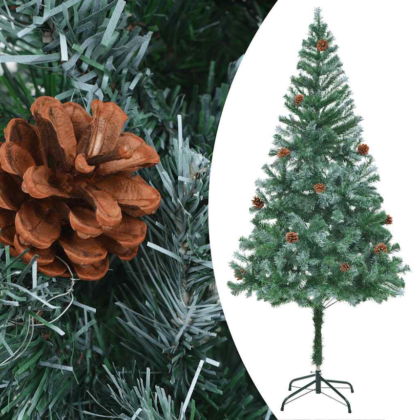 Kunstkerstboom Met Verlichting Kerstballen Dennenappels 180 Cm Wit En Grijs