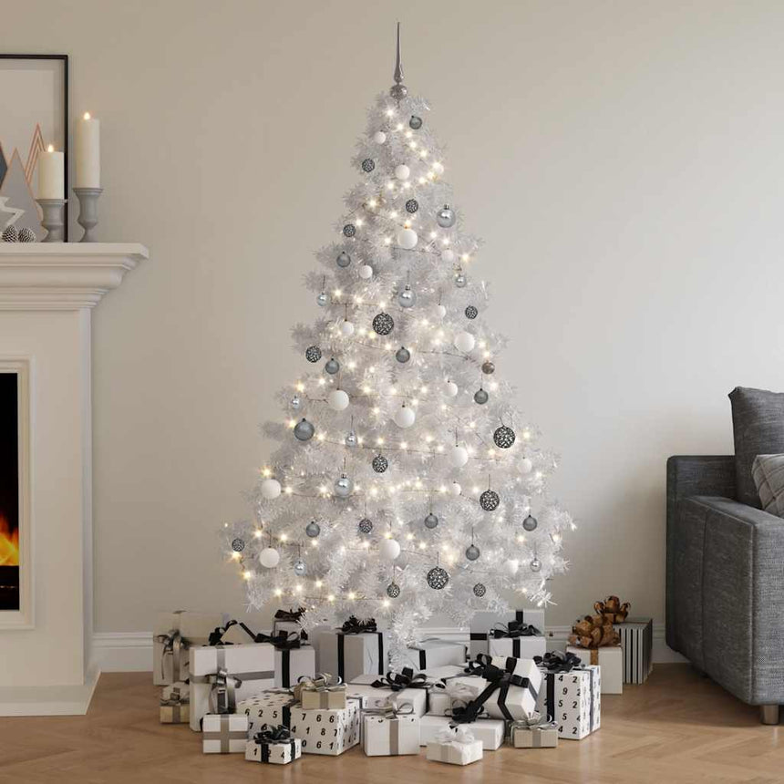 Kunstkerstboom Met Verlichting En Kerstballen 910 Takken 210 Cm Wit En Grijs