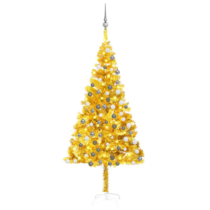 Kunstkerstboom Met Verlichting En Kerstballen 180 Cm Pet Goud Goudkleurig En Grijs