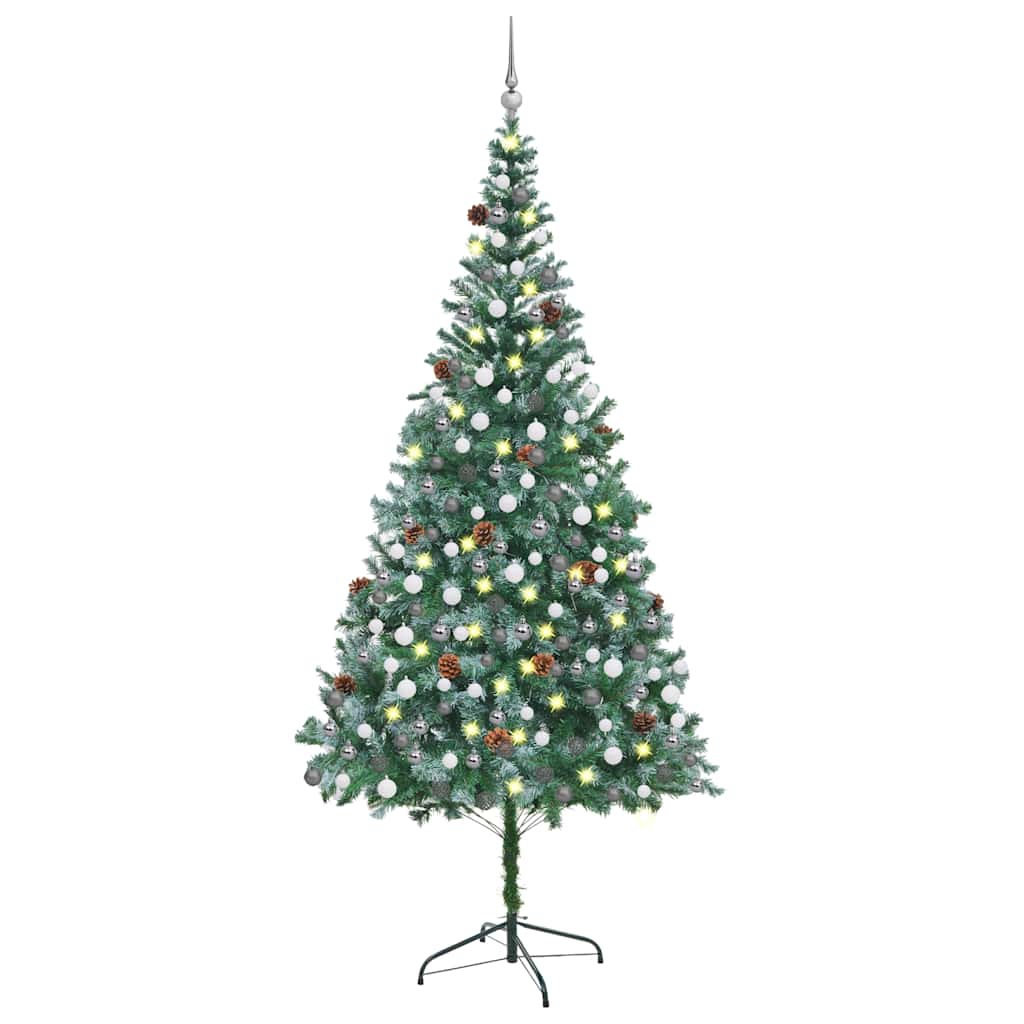 Kunstkerstboom Met Verlichting Kerstballen Dennenappels 210 Cm Groen En Rood