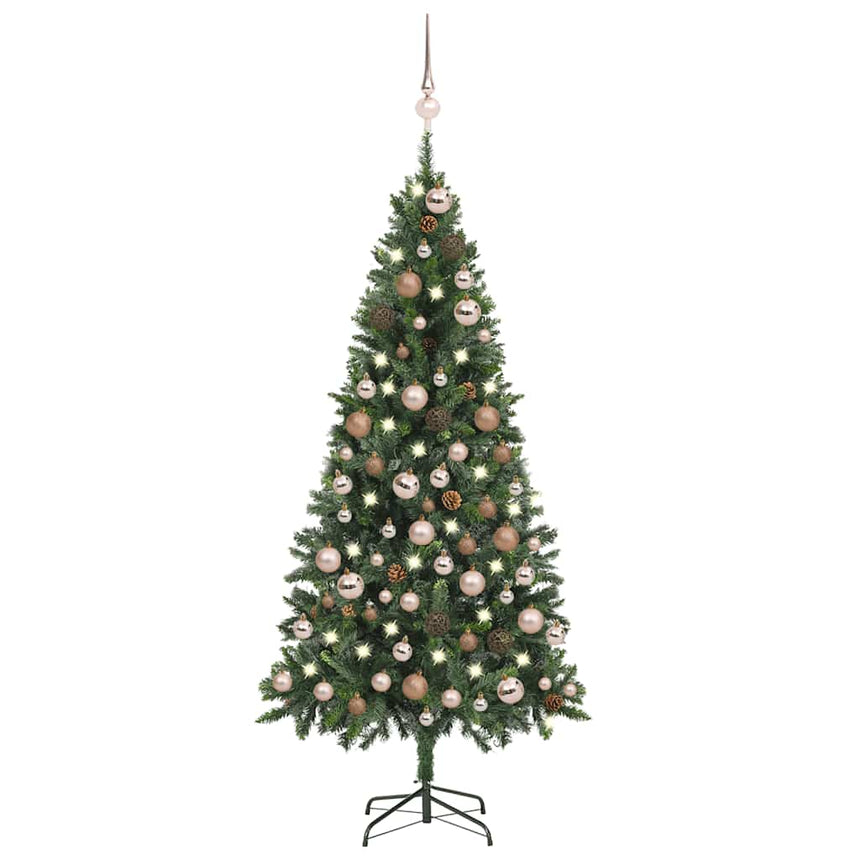 Kunstkerstboom Met Verlichting Kerstballen Dennenappels 180 Cm Groen En Roze