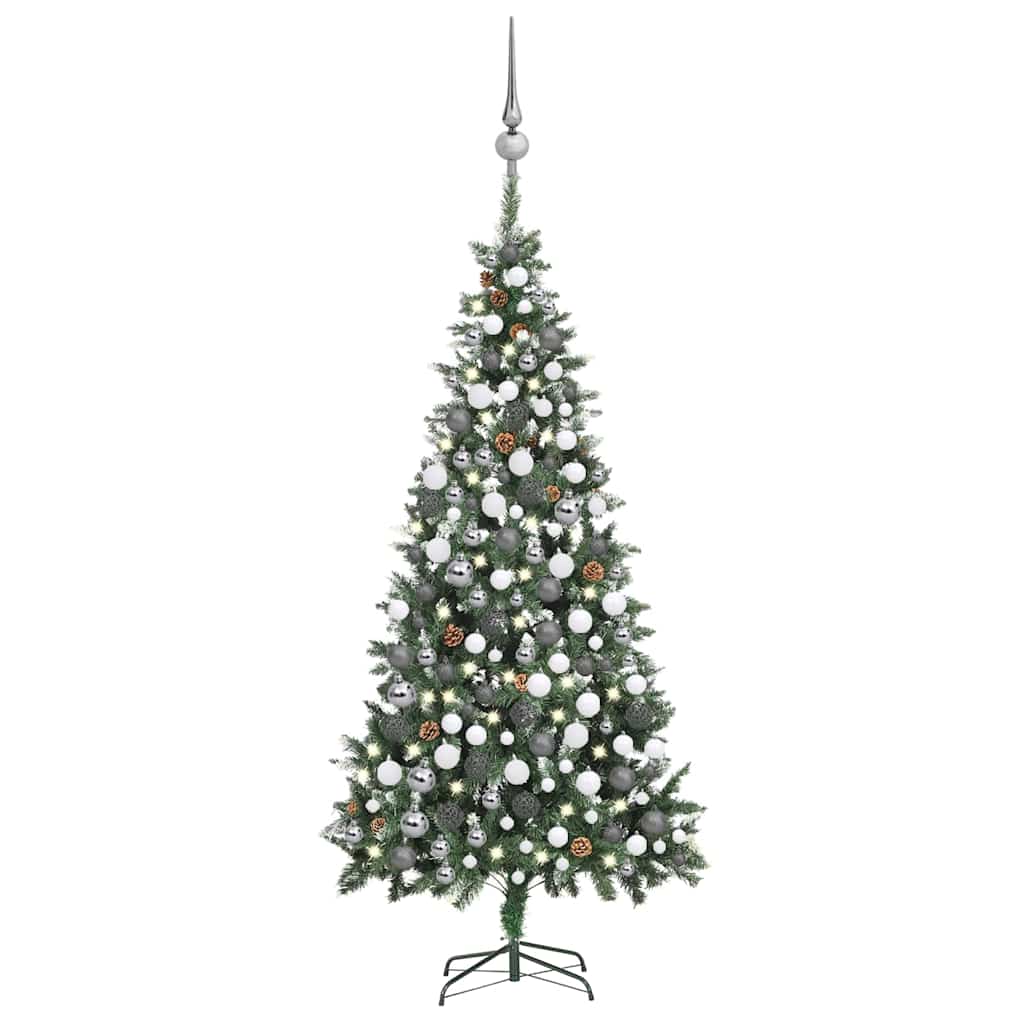 Kunstkerstboom Met Verlichting Kerstballen Dennenappels 210 Cm Wit En Grijs