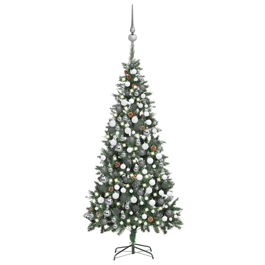 Kunstkerstboom Met Verlichting Kerstballen Dennenappels 210 Cm Wit En Grijs