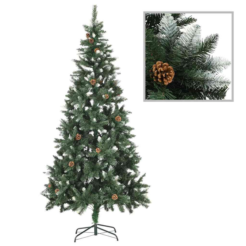 Kunstkerstboom Met Verlichting Kerstballen Dennenappels 210 Cm Wit En Grijs