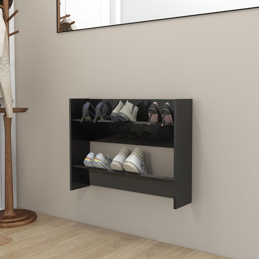 Wandschoenenkast 80X18X60 Cm Bewerkt Hout Hoogglans Zwart Betongrijs