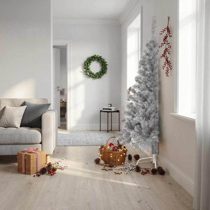 Kunstkerstboom Half Met Standaard 210 Cm Pet Kleurig Zilver