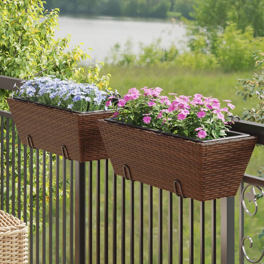 Plantenbakken 2 St Met Haken Poly Rattan Bruin