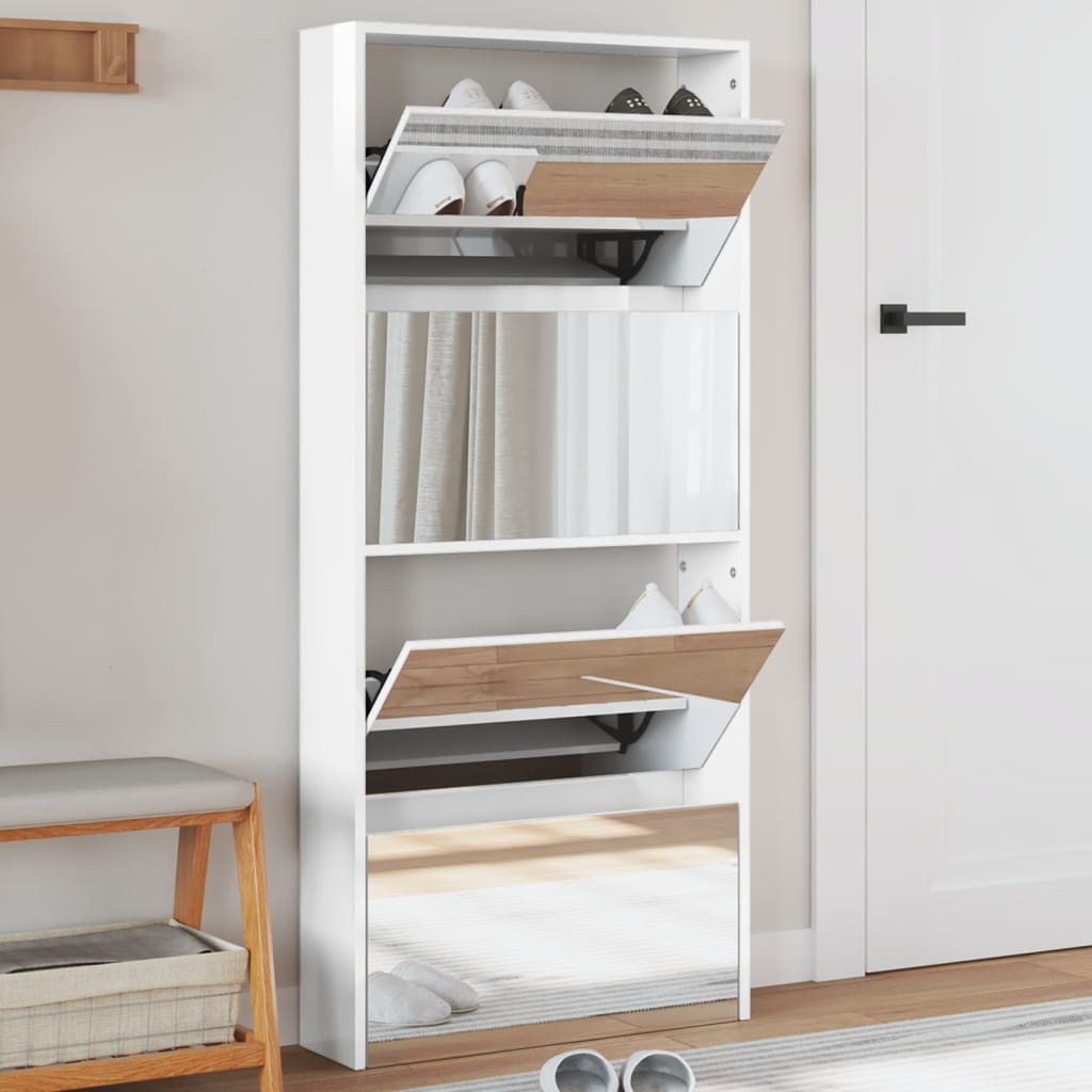 Schoenenkast Met Spiegel 4-Laags 63X17X134 Cm Hoogglans Wit