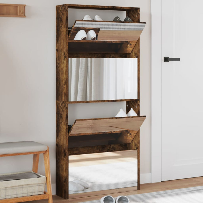 Schoenenkast Met Spiegel 4-Laags 63X17X134 Cm Gerookt Eiken