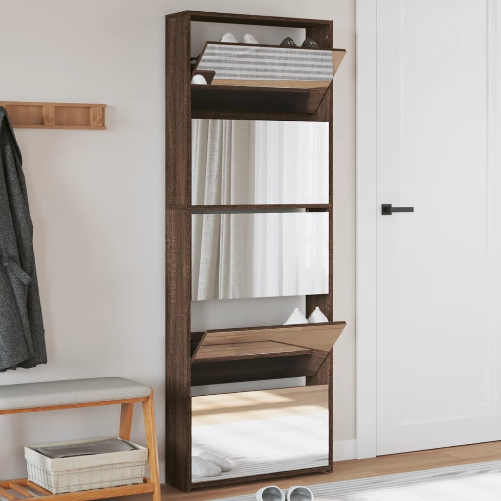 Schoenenkast Met Spiegel 5-Laags 63X17X169,5 Cm Bruineikenkleur Bruin Eikenkleur