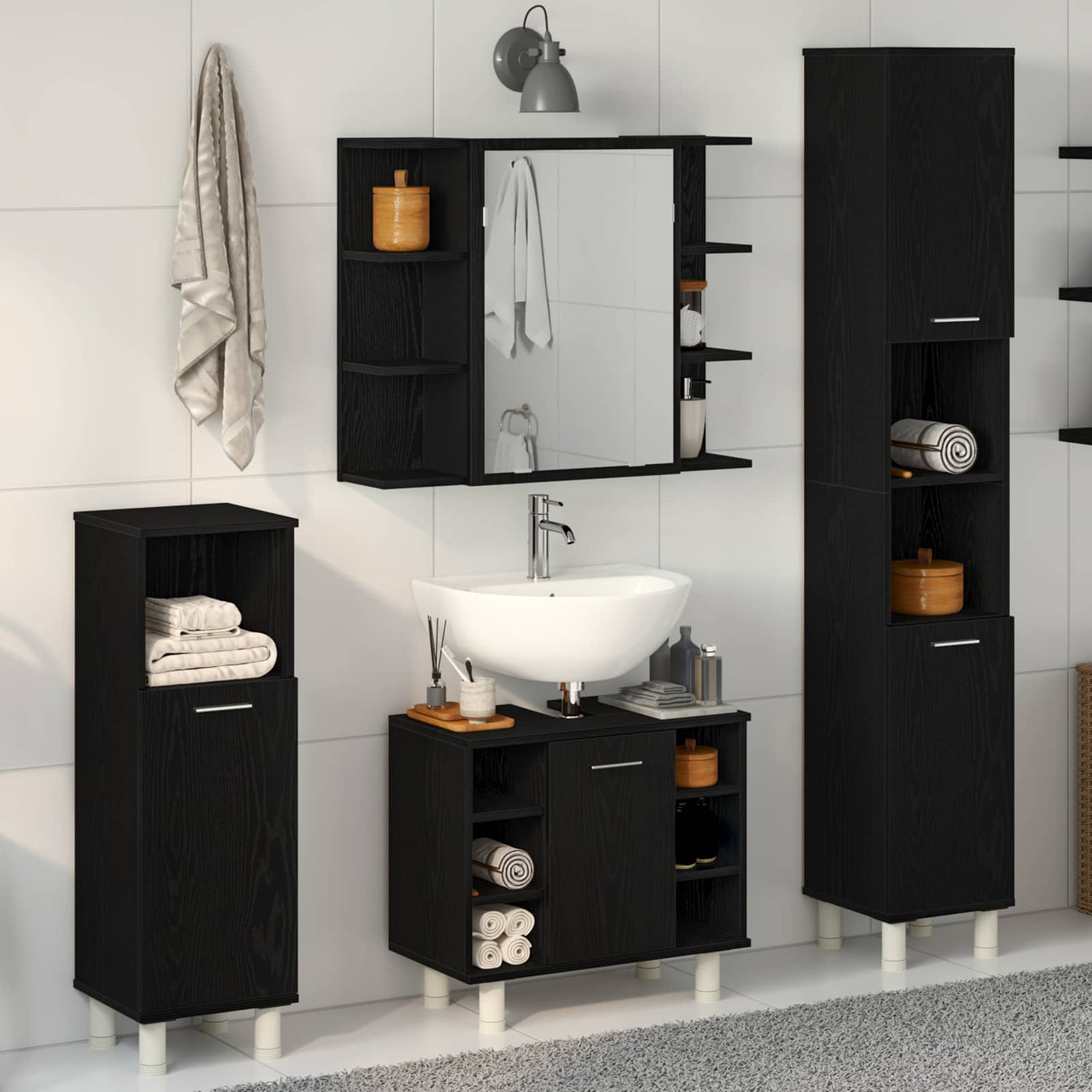 vidaXL Ensemble de mobilier de salle de bain avec étagère 4 pcs Noir